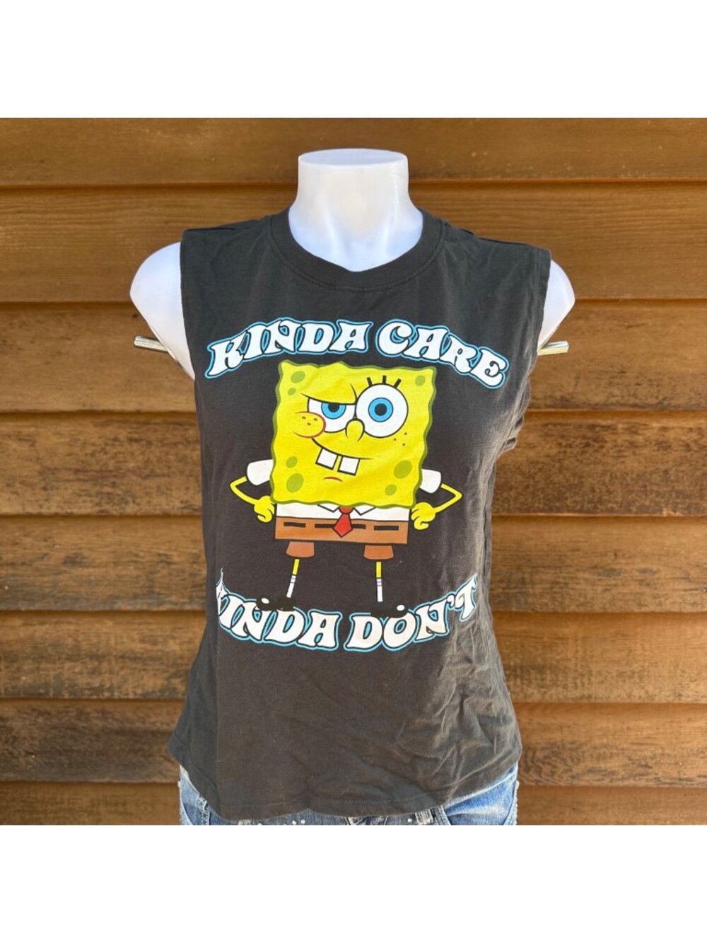 SpongeBob SquarePants Womens Sleeveless Graphic Tee Kinda Care Kinda Dont Black